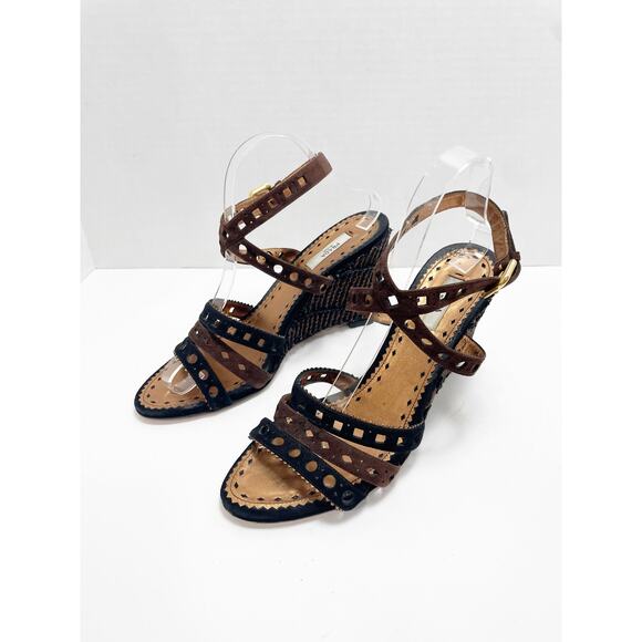 Prada Brown & Black Cutout Leather Woven Wedge Sandals Size 40 - Picture 3 of 10